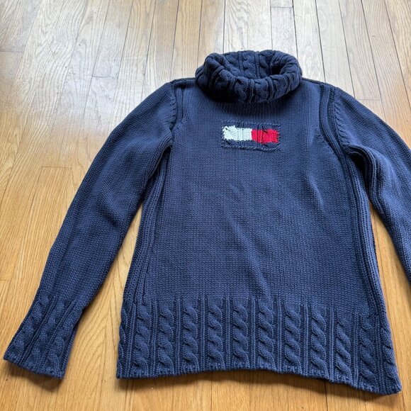 Vintage Tommy Hilfiger L Turtleneck Cable Knit Sweater Pullover Navy Cozycore - Picture 3 of 13